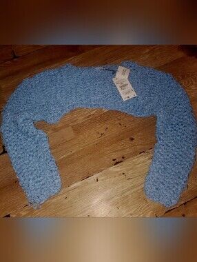 Limited Edition Zara Light Blue Bouclé Cropped Crochet Sweater Shrug